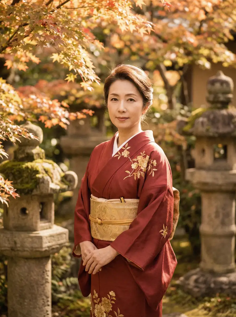 一位身穿暗红色和服的优雅 妈妈的朋友6季 在日式庭院中